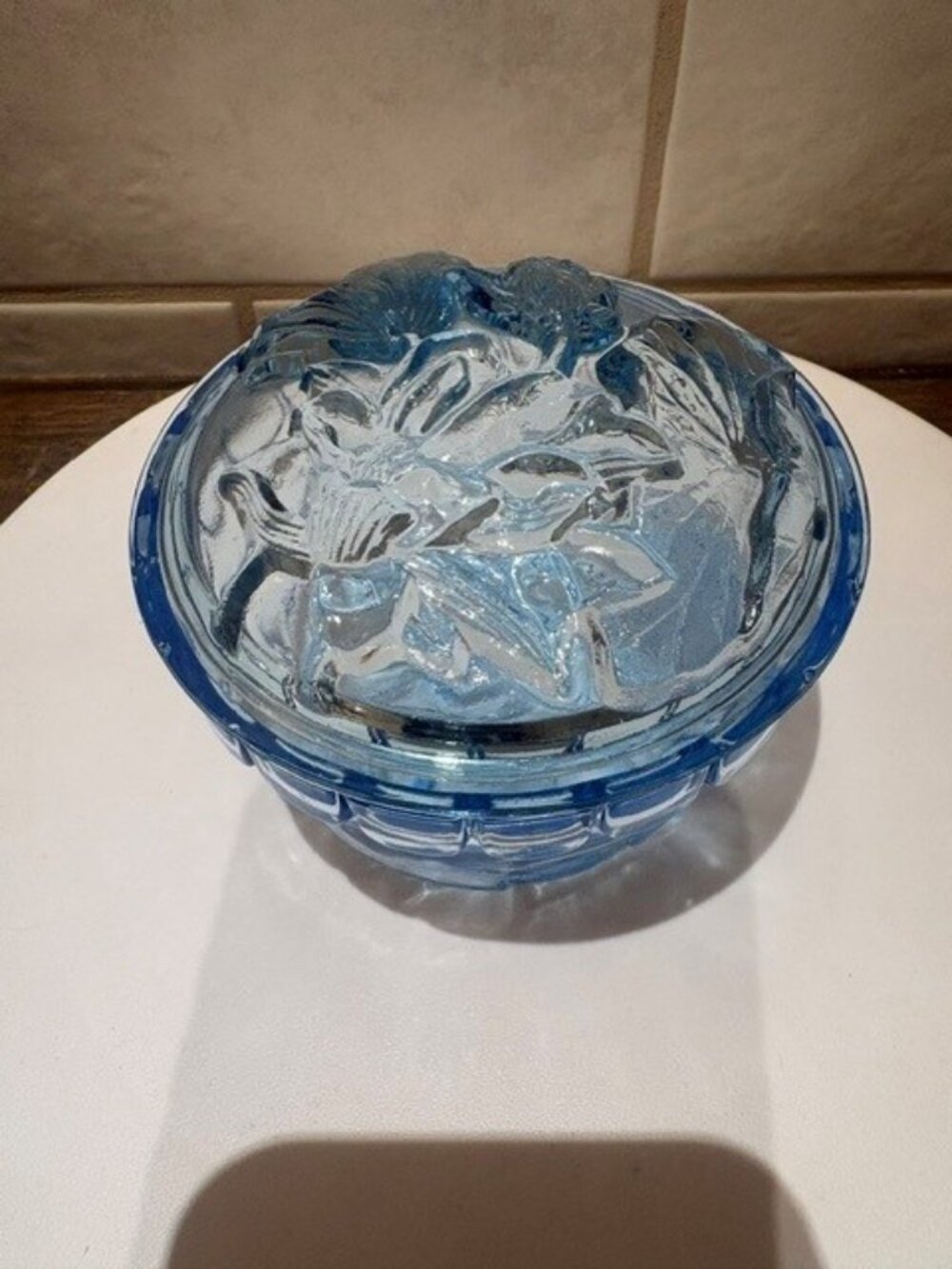Vintage KIG Sky Blue Floral Pressed Glass Candy Or Trinket Dish with Lid